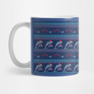 Merry Christmas Ugly Sweater Design with Dolphin in Santa Hats Mug